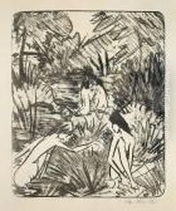 Waldsee Mit Drei Badenden Und Einem Sitzenden Madchen 2 by Otto Mueller