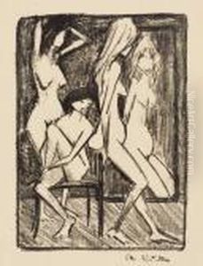 "drei Madchen Vor Dem Spiegel" by Otto Mueller