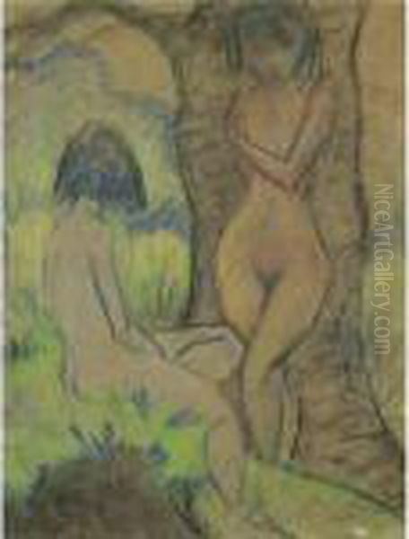 Zwei Madchen, Eine An Einen Baum
 Gelehnt, Die Andere Links Vorne Im Gras Sitzend (two Girls, One Of Them
 Leaning Against A Tree, The Other One Sitting In The Grass, Front Left) - view 1
