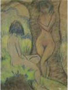 Zwei Madchen, Eine An Einen Baum
 Gelehnt, Die Andere Links Vorne Im Gras Sitzend (two Girls, One Of Them
 Leaning Against A Tree, The Other One Sitting In The Grass, Front Left) by Otto Mueller