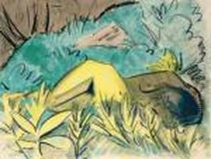 Liegender Madchenakt Am Waldrand by Otto Mueller