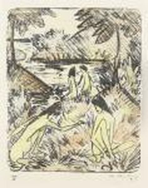 Waldsee Mit Drei Badenden Und
Einem Sitzenden Madchen 1 (badende In Landschaft Mit Brucke) - view 1