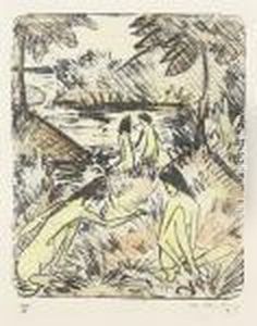 Waldsee Mit Drei Badenden Und
Einem Sitzenden Madchen 1 (badende In Landschaft Mit Brucke) by Otto Mueller