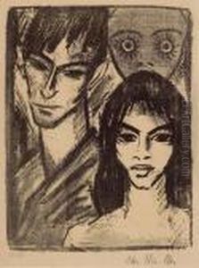 Selbstbildnis Mit Modell Und Maske (paar Mit Maske) by Otto Mueller