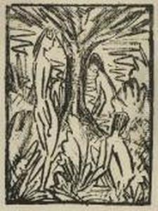 Stehendes, Sitzendes Und Badendes Madchen Am Baum. 1920/21 by Otto Mueller