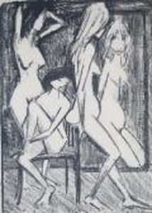 Drei Madchen Vor Dem Spiegel by Otto Mueller