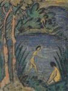 Sitzende Und Badende Mit Zwei Baumen by Otto Mueller
