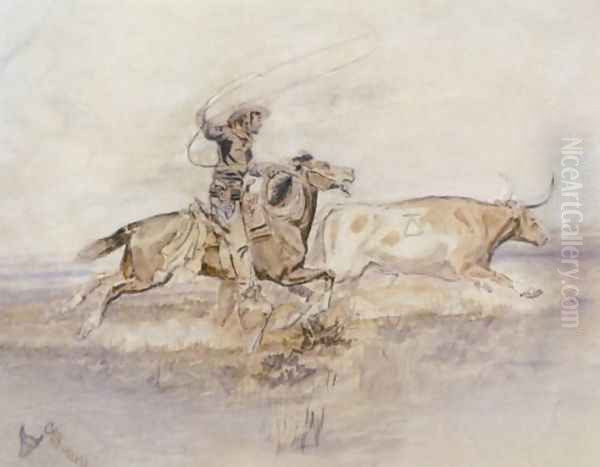 Cowboy Lassoing A Steer - view 1