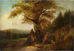Jagdgesellschaft Bei Der Rast Untereinem Eichenbaum by Hugo Muhlig