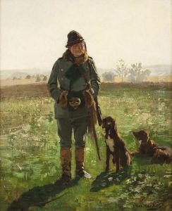 Jagersmann Mit Seinenbeiden Hunden Auf Freiem Feld