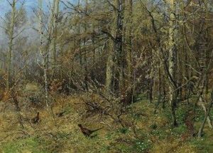 Pheasants In The Fall Forest. Signed Bottom Right: H. Muhlig by Hugo Muhlig