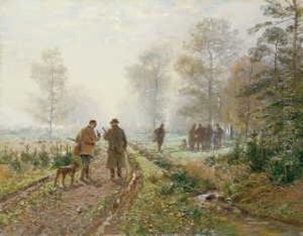 Am Morgen Vor Der Herbstlichen
 Treibjagd. Das Sammeln Der Jagdgesellschaft.

 Signiert Unten - view 1