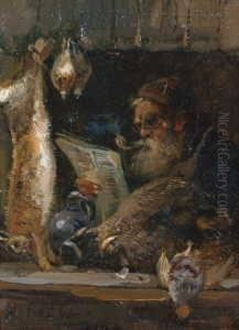 Der Wildprethandler. Signiert Unten Links: H. Muhlig. Ol Auf Karton. H 9,8; B 7,3 Cm. by Hugo Muhlig