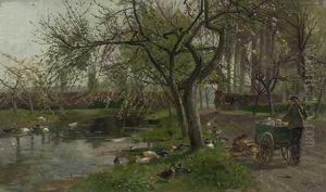 Milchmann Mit Hundegespann Am Schlossteich Mit Enten by Hugo Muhlig