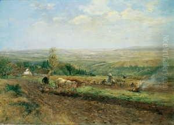 Oberhessische Landschaft Mit 
Bauern Bei Der Feldarbeit. Signiert Unten Rechts: Hugo Muhlig. Ol Auf 
Leinwand. H 68; B 96 Cm. - view 1