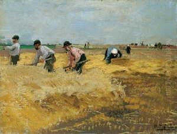 Bei Der Kornernte. Signiert Unten Rechts: H. Muhlig. Ol Auf Holz. H 20; B 25,8 Cm. - view 1