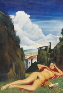 Liegender Weiblicher Akt In Landschaft, Mit Lyra Und Notenblatt.