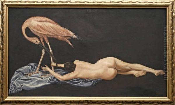 Liegender Frauenakt Mit Rosa Storchenvogel Vor Dunklem Grund - view 1