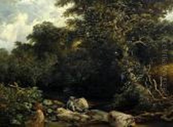 Boy Fishing In A Woodland Stream - view 1