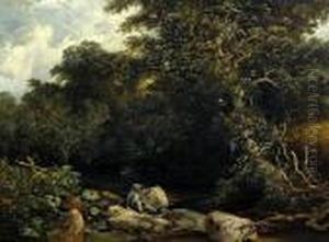 Boy Fishing In A Woodland Stream by William James Muller