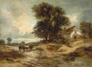 Two Donkeys Grazing Before A Thatched Cottage by William James Muller