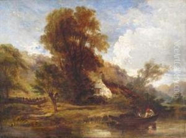 River Landscape With A Man In A Boat By A Cottage - view 1