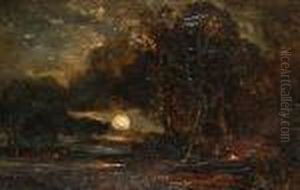 Figures By A Campfire In A Moonlit Wooded Landscape