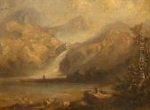 Shepherd And Sheep Resting In Mountain Landscape by William James Muller