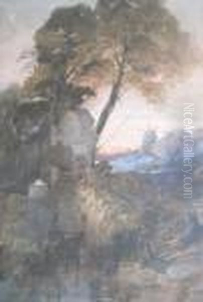 A Stream With A Cottage And Windmill At Sunset - view 1