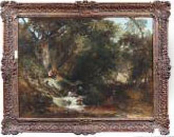 Figures Resting By A Tree In A Wooded Glade With Rushing Stream - view 1