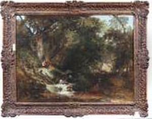 Figures Resting By A Tree In A Wooded Glade With Rushing Stream by William James Muller