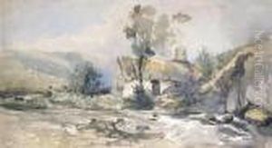 A Thatched Cottage By A River Before A Landscape A Thatched Cottage By A River Before A Landscape