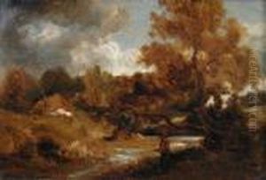 An Angler Fishing A River In An Autumn Landscape by William James Muller