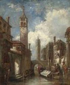 A Venetian Canal With Merchants Conversing By A Godola