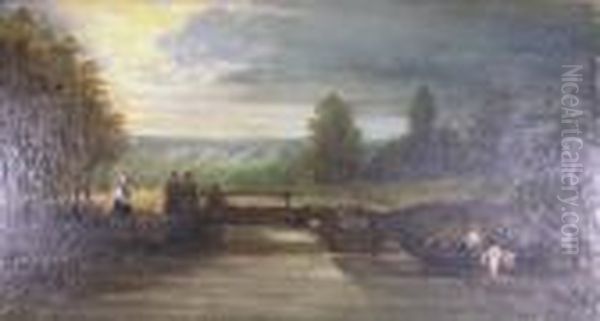 Figures On A Ferry In A Wooded River Landscape - view 1