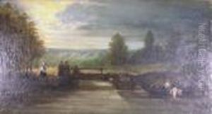 Figures On A Ferry In A Wooded River Landscape