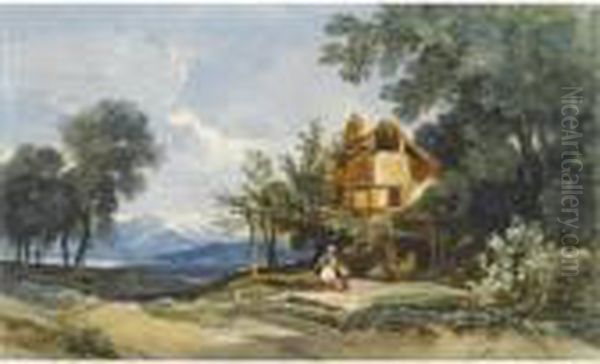 Two Women Before A Cottage, A Lake And Mountains Beyond - view 1