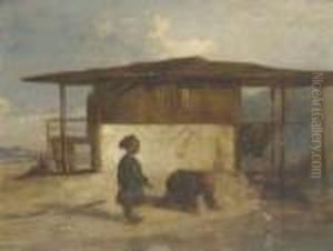 Boys By A Lake Setting Sail To A Toy Boat, Thought To Be Turkey by William James Muller