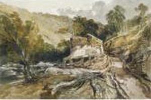 From The Collection Of The Late Michael Ingram
Barn In A Wooded River Landscape; The Salmon Traps On The River Lledr, Wales by William James Muller