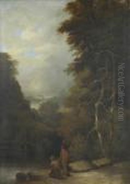 Anglers On A River Bank In A Wooded Landscape - view 1