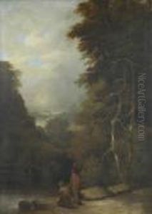 Anglers On A River Bank In A Wooded Landscape by William James Muller