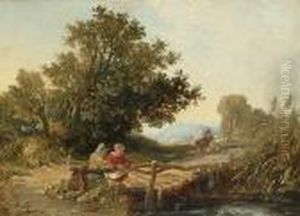 Children Fishing Beside A Wooden Bridge. Children Fishing Beside A Wooden Bridge.