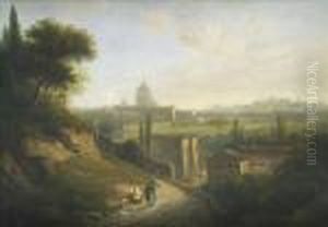 Aview Of Rome, Travellers On A Hillside Track by William James Muller