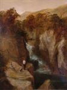 A Figure Anda Dog In A Rocky Gorge by William James Muller