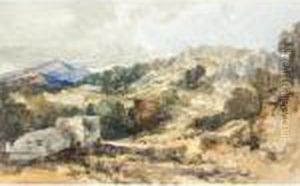 View From The South East Of The 
Pillar Tomb And The Roman Acropolis At Xanthus, Lycia, With Rock Tombs 
In The Cliff Face