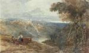 Travellers In An Extensive Landscape Before A Fortress by William James Muller