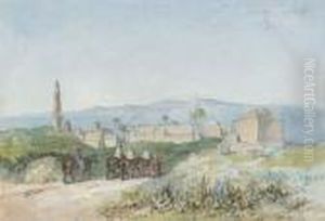Travellers On Horseback Approaching A Palestinian Town, Possibly Lydda by William James Muller