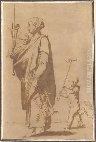 A mother carrying a child and kitchen utensils, followed by a boy and a dog - view 1