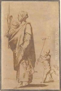 A mother carrying a child and kitchen utensils, followed by a boy and a dog by Jusepe de Ribera