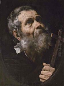 A Saint holding a cross, in a painted oval by Jusepe de Ribera